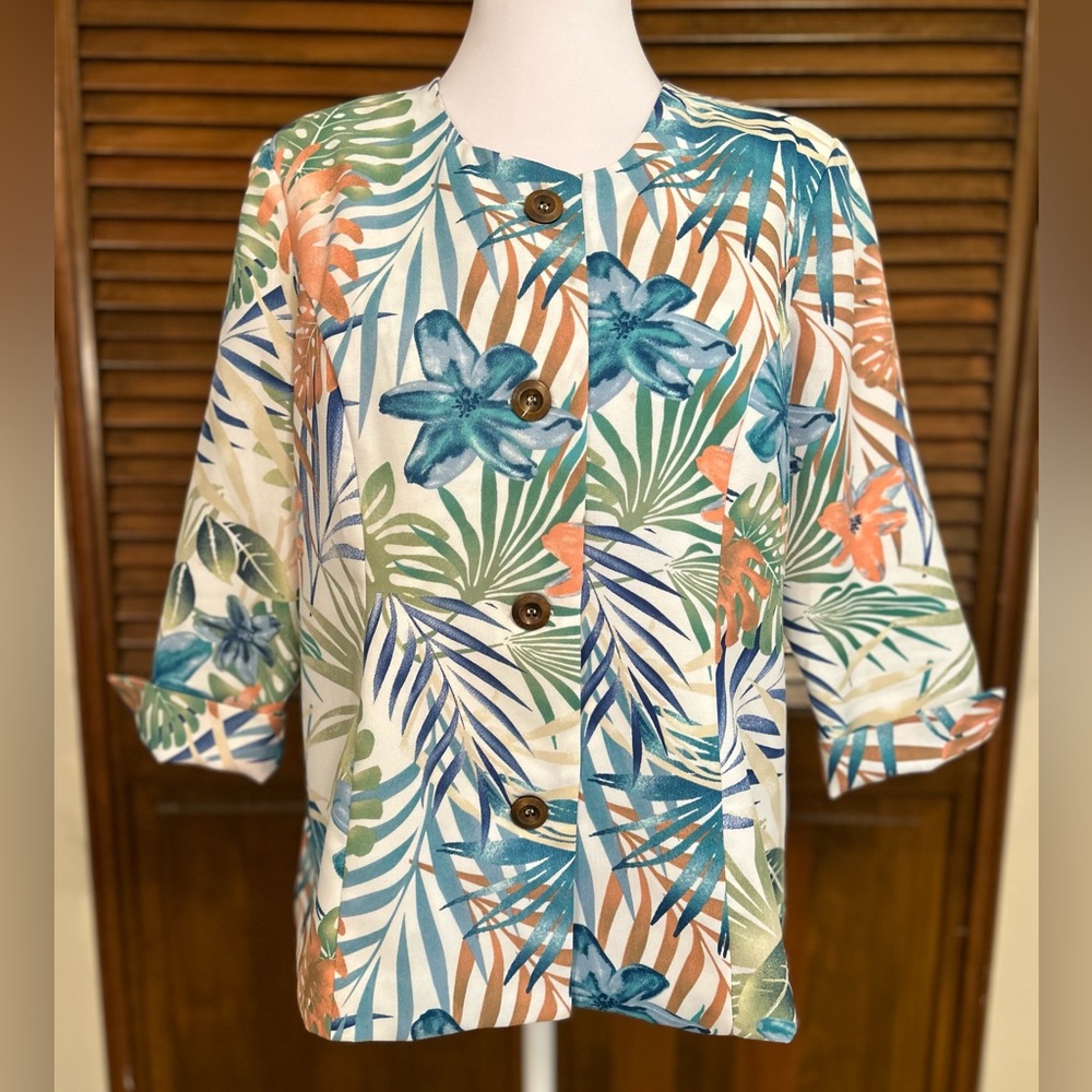 Vicki Wayne Floral Tropical Print Button Front 3/4 Sleeve Jacket Blazer Size 12